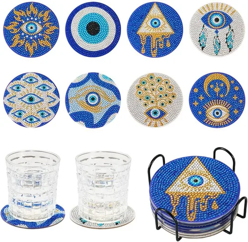 Miniatura 13 de FASHEWELRY 8 posavasos de arte de diamante con soporte para abejas, kit de posavasos de pintura de diamantes para bebidas, kits de arte de diamantes