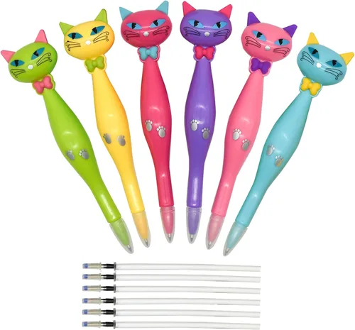 Miniatura 7 de 6 bolígrafos de gato genial, bolígrafos de gato de dibujos animados, bolígrafos novedosos de animales con 6 recambios de tinta negra para escuela