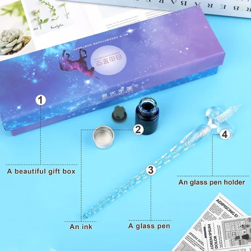 Miniatura 6 de Luxiv Juego de bolígrafos de tinta de vidrio, pluma de inmersión de vidrio con tinta fluorescente y soporte para bolígrafo, plumas de vidrio de Azul