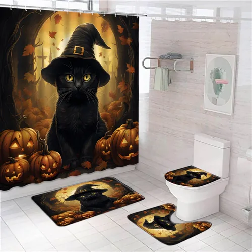 Juego de 4 cortinas de ducha de gato negro para Halloween, otoño, calabaza, animales divertidos, sombrero mágico, feliz día festivo, día de todos