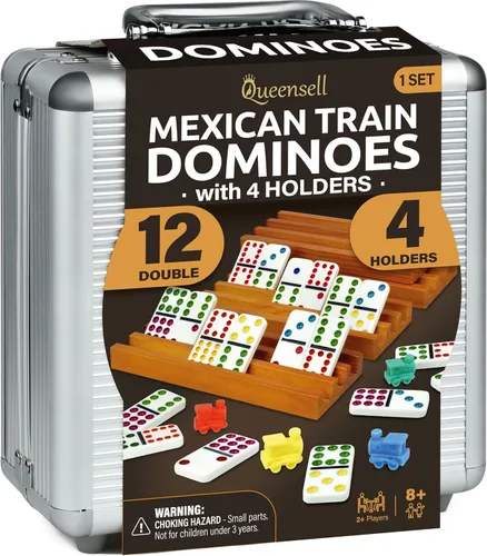 Juego de Dominó Tren Mexicano con 4 Soportes - Dominó Doble 12 con Centro de Madera y Soportes para Fichas - Juego de Dominó Doble 12 para Noche de