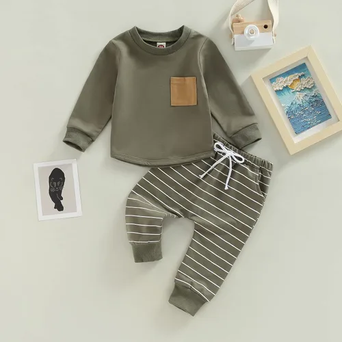 Miniatura 2 de Ropa de bebé niño 3 6 9 12 18 24M 3T Conjunto de pantalones con capucha patchwork sudadera con capucha pantalones de rayas traje de otoño invierno