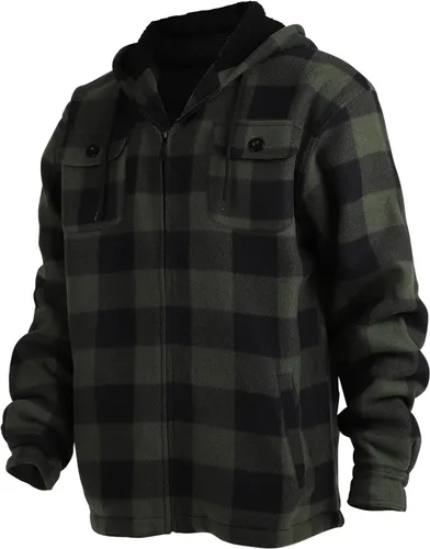 Miniatura 3 de Chaqueta de franela a cuadros para hombre, de felpa con capucha, de sherpa con zíper, pesada y gruesa, cálida para invierno.