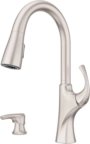 Miniatura 14 de Grifo de cocina Pfister Miri con rociador extraíble y dispensador de jabón, manija única, arco alto, acabado de acero inoxidable Spot Defense, Spot