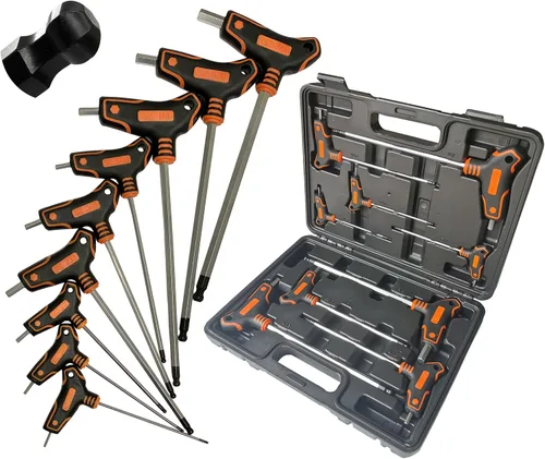 Miniatura 11 de NordWolf Juego de llaves Torx con mango en T de 9 piezas, llaves de estrella de seguridad de brazo largo de acero S2, tamaños T10 a T50 en caja