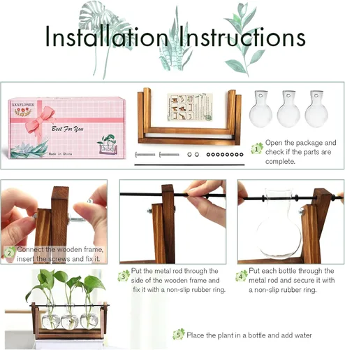 Miniatura 6 de XXXFLOWER Terrario para plantas con soporte de madera, maceta de aire, jarrón de vidrio, soporte giratorio de metal, mesa retro para decoración