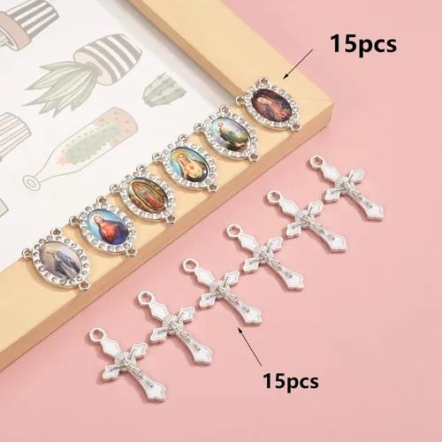 Miniatura 3 de Juego de 30 dijes de joyería religiosa mixta con diamantes de imitación y medallones de santo
