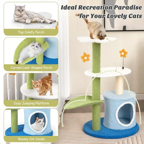 Miniatura 5 de Tangkula Bonito árbol para gatos, torre para gatos de flores con poste rascador de sisal, perca en forma de hoja de felpa, condominio espacioso