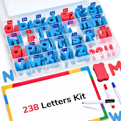 JoyCat Kit de letras magnéticas para el aula, 234 piezas con tablero magnético de doble cara, letras del alfabeto de espuma para nevera para niños,