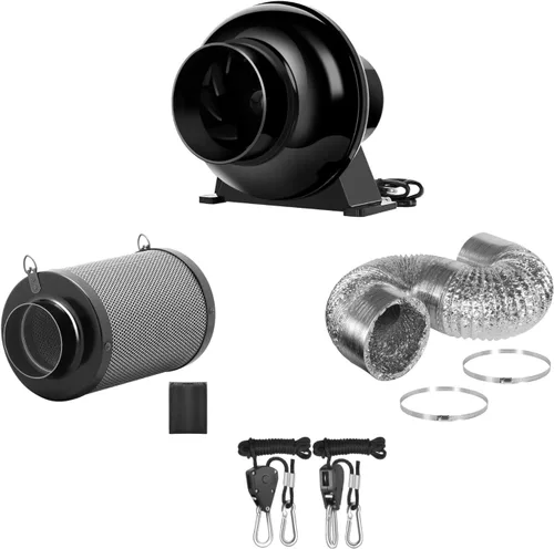 iPower Ventilador en línea de 195 CFM de 4 pulgadas, soplador de ventilación de circulación, filtro de carbono de aire con gancho, conducto de 8