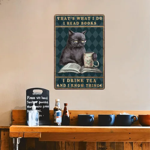 Miniatura 8 de Cartel de metal de aluminio con texto en inglés "Cat Kitty-I Read Books And Drink Tea", regalo para amantes de los gatos, para baño, jardín