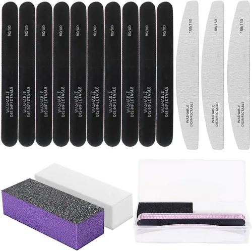 15 limas de uñas y pulidor con caja de almacenamiento, kit profesional de manicura y pedicura, bloque de tampón blanco, reutilizable, lima de uñas