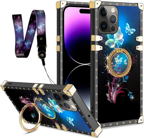 Miniatura 17 de nancheng Funda para iPhone 15, diseño de flor de mariposa azul, TPU suave, a prueba de golpes, con soporte de anillo y cordón a juego, elegante