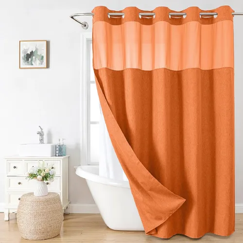 Miniatura 21 de eachope-Cortina de ducha de lino texturizado, forro de tela a presión, no necesita ganchos, ventana superior de malla, cal. hotelera de lujo, Crema
