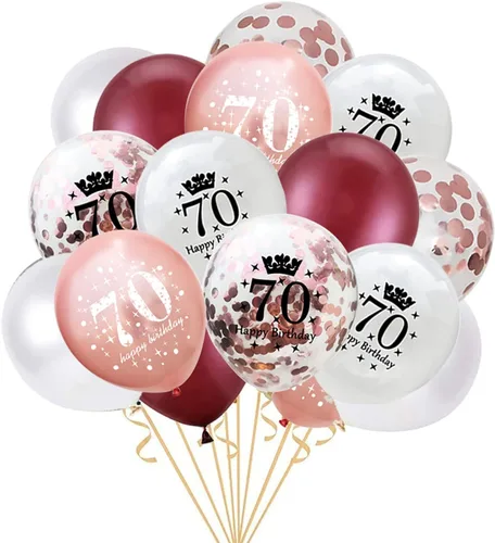 30 globos de 12 pulgadas para cumpleaños número 70, color oro rosa y rosa con confeti de látex para fiesta de setenta aniversario, decoraciones de