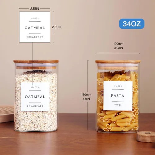 Miniatura 4 de CZZGSM Paquete de 6 tarros cuadrados de almacenamiento de cocina con tapas herméticas de bambú y 132 etiquetas de despensa, recipientes de vidrio