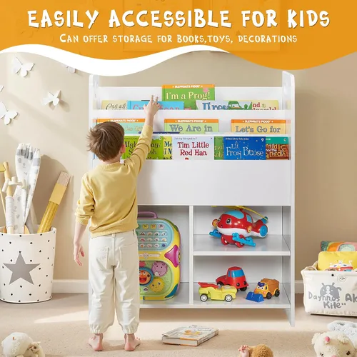 Miniatura 13 de VECELO Estantería para niños, 2 en 1 con estantes y 3 cubos de diferentes tamaños, organizador de madera para almacenamiento de juguetes para Blanco