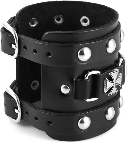 Miniatura 4 de STWTR Pulsera de cuero para hombre estilo punk rock, brazalete ancho tipo cinturón de motocicleta