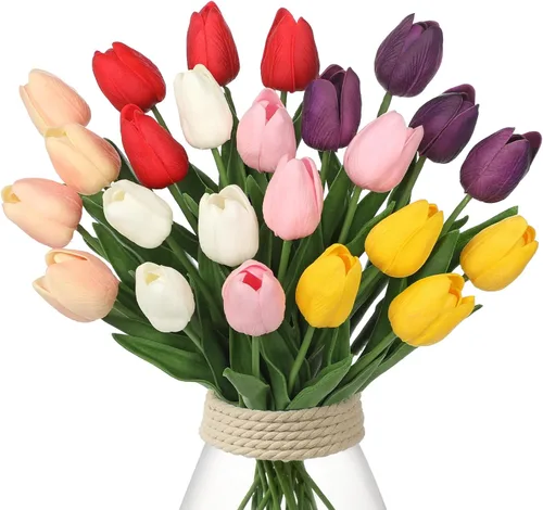 Miniatura 14 de 20 tulipanes artificiales mixcolor de tacto real, flores falsas para el día de la madre, 13.5 pulgadas, tulipanes sintéticos, flores artificiales a