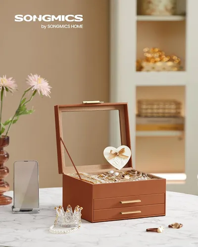 Miniatura 2 de SONGMICS Joyero organizador con tapa de cristal, almacenamiento de joyas de 3 capas, con 2 cajones, estilo moderno, regalo de Navidad, 8 x 9.1 x 5.3