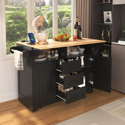 Miniatura 6 de Isla de cocina de 2 hojas caídas sobre ruedas, carrito de cocina rodante con tomas de corriente, mesa de isla de cocina con 2 gabinetes