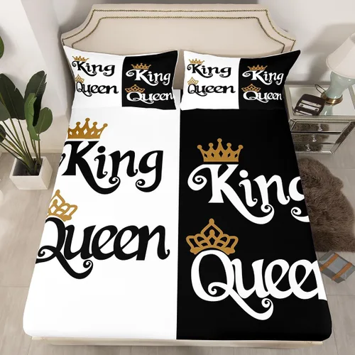 Miniatura 4 de Juego de sábanas de 4 piezas con diseño de corona de dibujos animados, tamaño Queen, King, para parejas, amantes de parejas, adolescentes, mujeres