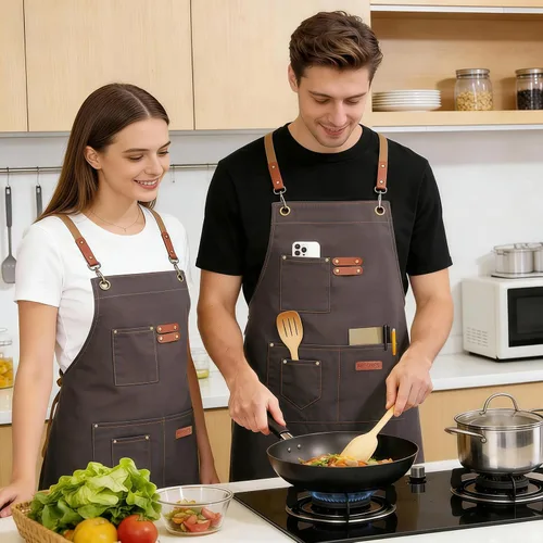Miniatura 5 de Delantales de chef para hombres y mujeres con 4 bolsillos grandes, lona de algodón con espalda cruzada, delantal ajustable para trabajo, parrilla