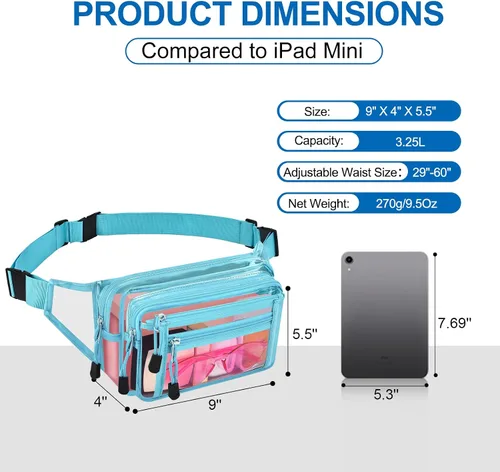 Miniatura 2 de Riñonera transparente aprobada por estadios para mujeres, para el trabajo, bolsa de cintura multiusos para viajes y eventos deportivos, Aguamarina