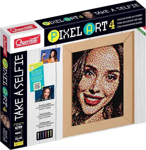 Quercetti Pixel Art 4 - Kit de mosaico para selfie, convierte cualquier foto en arte de mosaico con 4800 clavijas en 6 colores y 4 tableros de