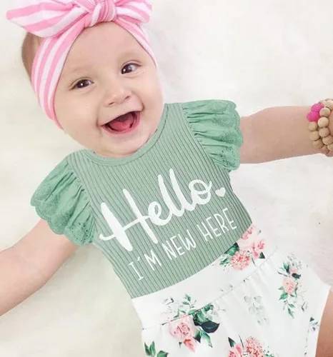 Miniatura 2 de Ropa de bebé niña, mameluco de encaje con volantes de verano para recién nacido + pantalones cortos florales, 3 piezas, sesión de fotos para niños