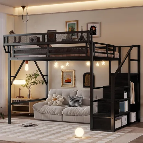 Base de cama Queen Loft con escaleras y almacenamiento, marco de cama de metal resistente, capacidad de 800 libras, para adultos y adolescentes,
