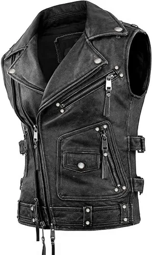 Chaleco de cuero de motociclista sin mangas para hombre, color marrón