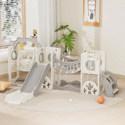 Miniatura 13 de KORIMEFA Tobogán infantil 7 en 1, tobogán infantil para bebés de 1 a 3 años, para interiores y exteriores, con aro de baloncesto y juego de golf