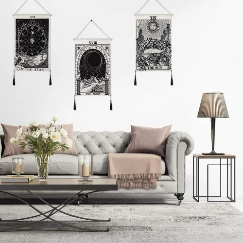Miniatura 4 de Boao 3 piezas de tapiz de luna y estrella, arte en blanco y negro para colgar en la pared, decoración para dormitorio, sala de estar, oficina