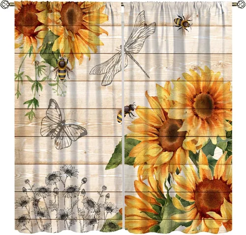Miniatura 18 de Sunflower Curtains for Living Room Bedroom, Spring Nature Blue Sky and Butterfly Window Drapes, Rustic Wooden Fence Floral Botanical Decor, 2 Panels