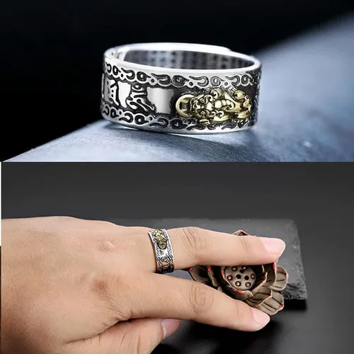 Miniatura 5 de Angyape Feng Shui Pixiu - Anillo de mantra ajustable budista de buena suerte, mantra, doble protección, riqueza, amor, salud, regalo para hombres