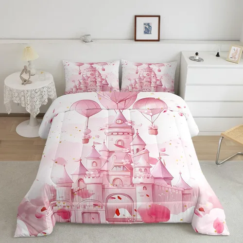Miniatura 2 de Feelyou Juego de edredón de castillo rosa para niños, tamaño individual, juego de ropa de cama de princesa para niños y niñas, inserto de edredón