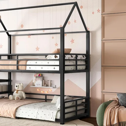 Miniatura 7 de Bellemave Litera individual sobre cama individual con tobogán, litera de piso para niños con escaleras de almacenamiento y barandilla de longitud