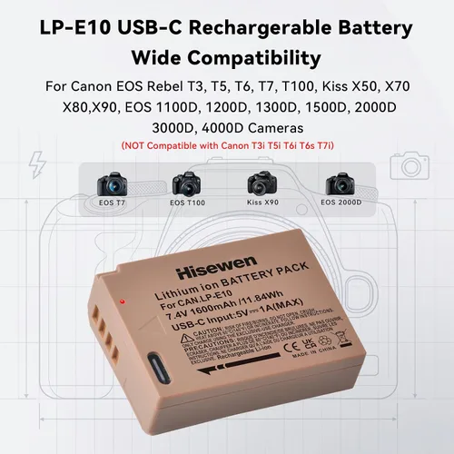Miniatura 3 de LP-E10 Battery 2-Pack 1600mAh with USB-C Charging Port for Canon EOS Rebel T3, T5, T6, T7, T100, Kiss X50, Kiss X70, T100, EOS 1100D, 1200D, 1300D