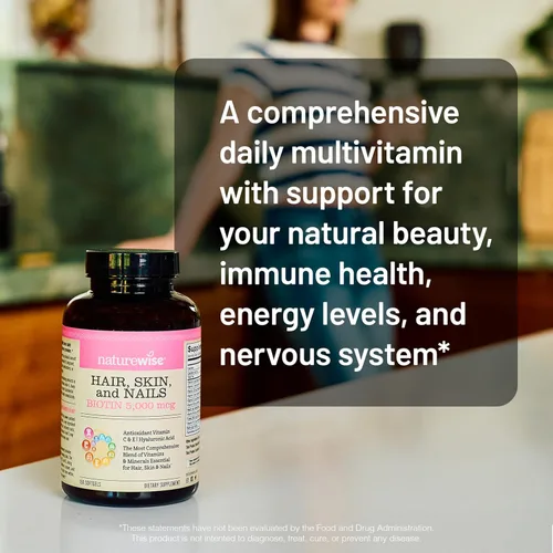 Miniatura 8 de NatureWise Vitamina para el cabello, piel y uñas, biotina 5000mcg con ácido hialurónico, colágeno para mujeres con C, complejo B, D3, A, E, hierro