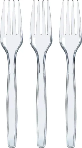 Prestee Tenedores de plástico de 100 unidades, tenedores resistentes desechables para fiestas, eventos y catering, cubiertos transparentes y Plateado