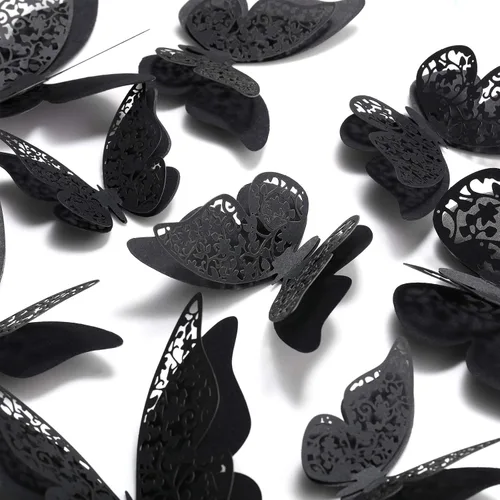 Miniatura 3 de Outus 120 piezas de calcomanías de mariposas en 3D en capas negras para pared, calcomanías de mariposas extraíbles, murales en relieve para Negro