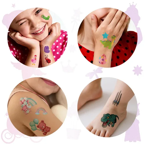 Miniatura 4 de Más de 326 tatuajes temporales para niños, 60 hojas de tatuajes falsos de acuarela pequeños con sirena, camión, animales, princesas, pirata, Verde