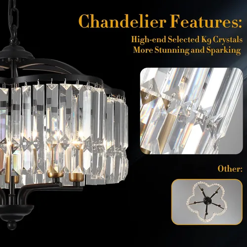 Miniatura 8 de Lámpara de Araña de Cristal Moderna para Comedor - 5 Luces Ajustables Negra Estilo Granja Accesorio de Luz Colgante para Vestíbulo Dormitorio Sala