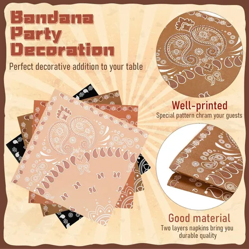 Miniatura 3 de Teling Servilletas tipo bandana de 2 capas desechables con estampado de cachemira a granel para fiesta temática de vaquero occidental