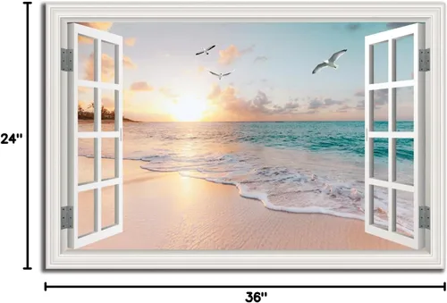 Miniatura 8 de Cuadro de pared de playa tropical para sala de estar, lienzo estilo marco de ventana, decoración de pared, palmera, impresión artística costera