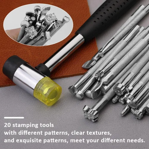 Miniatura 5 de Herramientas de estampado de cuero de 21 piezas, kit de estampado de cuero con martillo de goma para trabajo de cuero