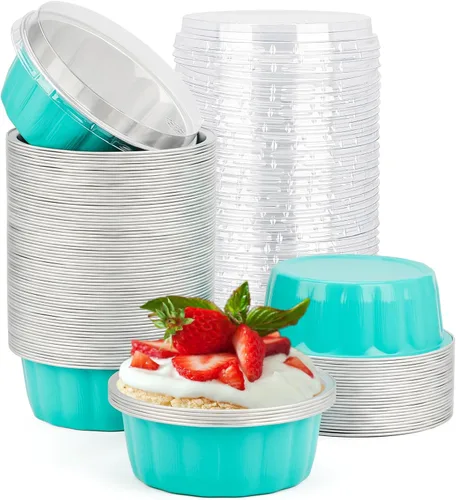 Miniatura 77 de Beasea Ramequines con tapas, 8oz 50 unidades de tazas de aluminio desechables para hornear, tazas de papel de aluminio plateado para creme brulee