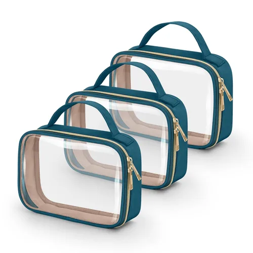 Miniatura 26 de Bolsa de aseo transparente Wedama, paquete de 2 bolsas de maquillaje transparentes con asas, bolsas cosméticas de PVC para mujeres y hombres, bolsas