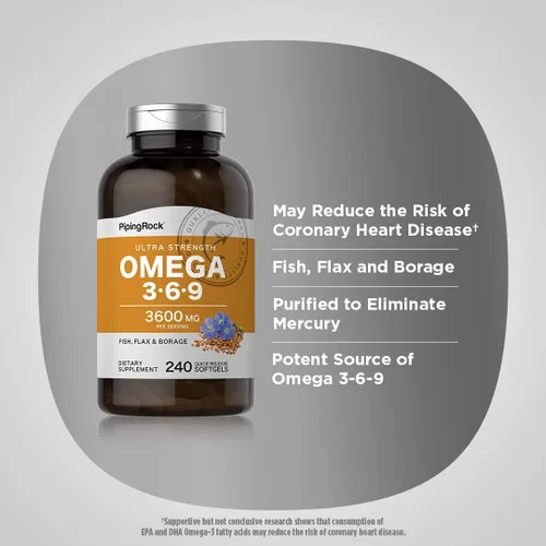 Miniatura 4 de Piping Rock Omega 3 6 9 Suplementos para mujeres y hombres 3600 mg 240 cápsulas de gel suave Borraja de lino de pescado Ultra fuerte Sin